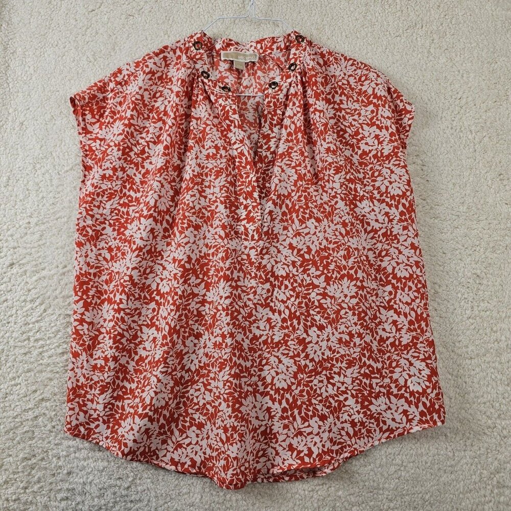 Michael Kors Top Womens Large Coral Floral Print Cap‎ Sleeve V Neck Feminine